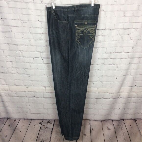 ROK Men’s Sz 44x34 Blue Jeans Denim Straight Leg Embroidered Pockets Whiskering - Picture 4 of 11